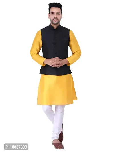 HUZUR Men's Silk Yellow Kurta Cream Pyjama/pajama With Black Dupion/Silk Nehru Jacket Set