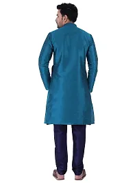 HUZUR Men's Silk Ceremony Loop Button Green Kurta Navy Blue Pyjama Set-thumb3