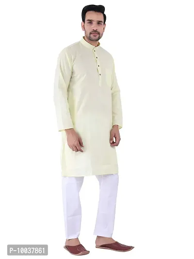 HUZUR Men's Cotton Solid Straight Kurta Pyjama Set| Ethnic Wear|Traditional Wedding Wear - Lemon Kurta White Pyjama set-thumb3
