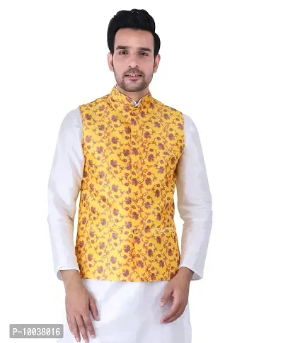 HUZUR Sadree Print Nehru Jacket For Men's (XX-large, YELLOW PRINT)-thumb0