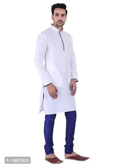 HUZUR Men's Silk Ceremony Loop Button White Kurta Royal Blue Pyjama Set-thumb3