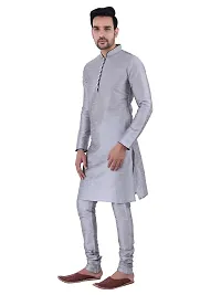 HUZUR Men's Silk Ceremony Loop Button Silver Kurta Silver Pyjama Set-thumb1