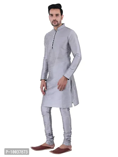 HUZUR Men's Silk Ceremony Loop Button Silver Kurta Silver Pyjama Set-thumb2