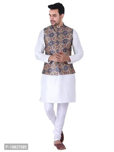 HUZUR Men's Silk White Kurta White Pyjama/Pajama with Multicolor Square Print Nehru Jacket Set