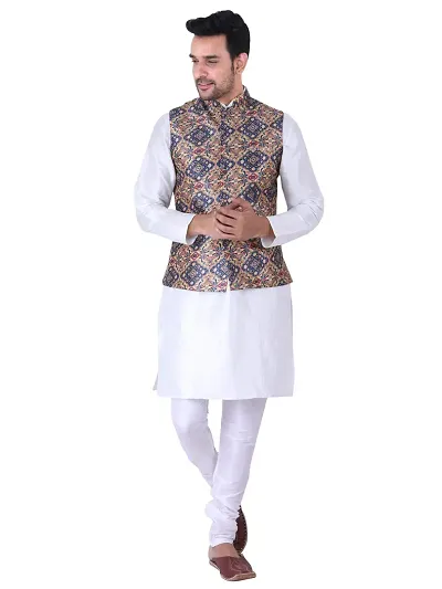 HUZUR Men's Silk Kurta Pyjama/Pajama with Multicolor Square Print Nehru Jacket Set