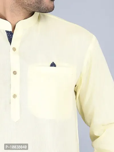 HUZUR Linen Solid Straight Fit Mandarian Collar Round Neck Short Kurta for Men (Yellow)-thumb4