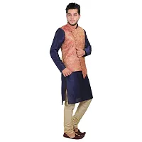 HUZUR Men's Silk Navy Blue Kurta Gold Pajama Pink Jacket set-D-51099-40-thumb2