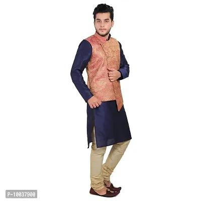 HUZUR Men's Silk Navy Blue Kurta Gold Pajama Pink Jacket set-D-51099-40-thumb3