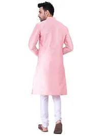 HUZUR Men's Silk Fullsleeve Long Pink Kurta Cream Pyjama Set-thumb3