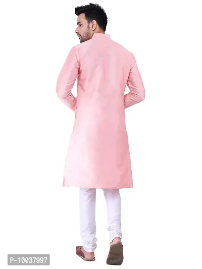 HUZUR Men's Silk Fullsleeve Long Pink Kurta Cream Pyjama Set-thumb4