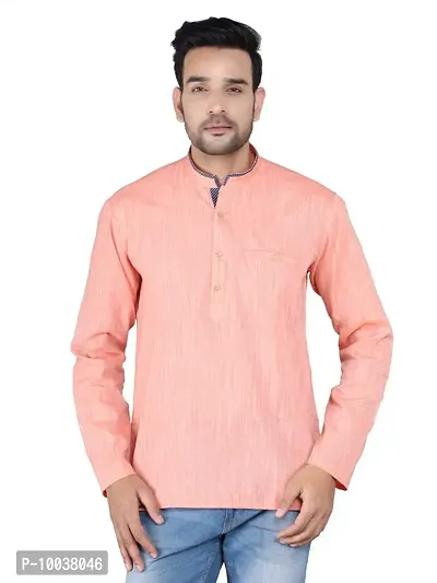 HUZUR Linen Solid Straight Fit Mandarian Collar Round Neck Short Kurta for Men (Pink)