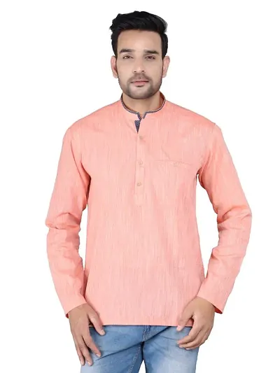 HUZUR Linen Solid Straight Fit Mandarian Collar Round Neck Short Kurta for Men