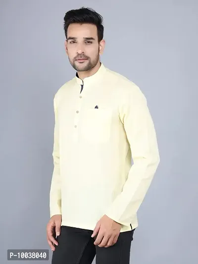 HUZUR Linen Solid Straight Fit Mandarian Collar Round Neck Short Kurta for Men (Yellow)-thumb3