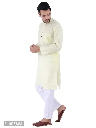 HUZUR Men's Cotton Solid Straight Kurta Pyjama Set| Ethnic Wear|Traditional Wedding Wear - Lemon Kurta White Pyjama set-thumb2