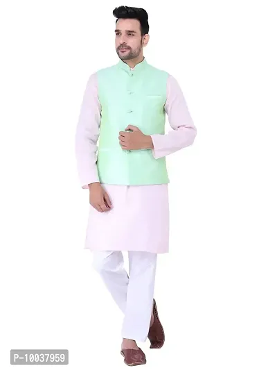 HUZUR Men's Cotton Pink Kurta White Pyjama/pajama With Pista Dupion/Silk Nehru Jacket Set-thumb0