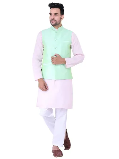 HUZUR Men's Cotton Pink Kurta White Pyjama/pajama With Pista Dupion/Silk Nehru Jacket Set