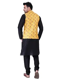 HUZUR Men's Silk Kurta Pyjama/Pajama with Yellow Yellow Base Multicolor Floor Print Nehru Jacket Set-thumb3