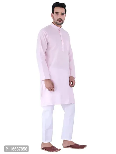 HUZUR Men's Cotton Solid Straight Kurta Pyjama Set| Ethnic Wear|Traditional Wedding Wear - Pink Kurta White Pyjama set-thumb4