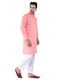 HUZUR Men's Cotton Solid Straight Kurta Pyjama Set| Ethnic Wear|Traditional Wedding Wear - Peach Kurta White Pyjama set-thumb1