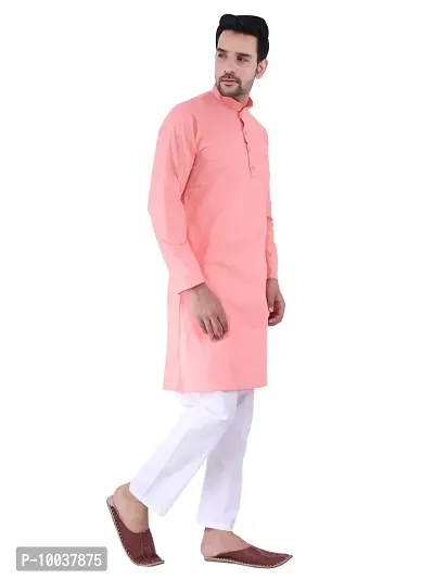 HUZUR Men's Cotton Solid Straight Kurta Pyjama Set| Ethnic Wear|Traditional Wedding Wear - Peach Kurta White Pyjama set-thumb2