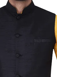 HUZUR Men's Silk Yellow Kurta Cream Pyjama/pajama With Black Dupion/Silk Nehru Jacket Set-thumb4