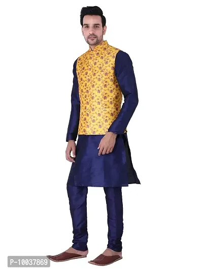 HUZUR Men's Silk Kurta Pyjama/Pajama with Yellow Yellow Base Multicolor Floor Print Nehru Jacket Set-thumb2