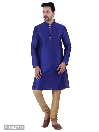 HUZUR Men's Silk Ceremony Loop Button Royal Blue Kurta Chiku Pyjama Set-thumb0