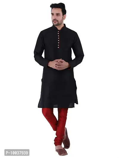 HUZUR Men's Silk Ceremony Loop Button Black Kurta Red Pyjama Set