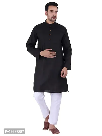 HUZUR Men's Cotton Solid Straight Kurta Pyjama Set| Ethnic Wear|Traditional Wedding Wear - Black Kurta White Pyjama set