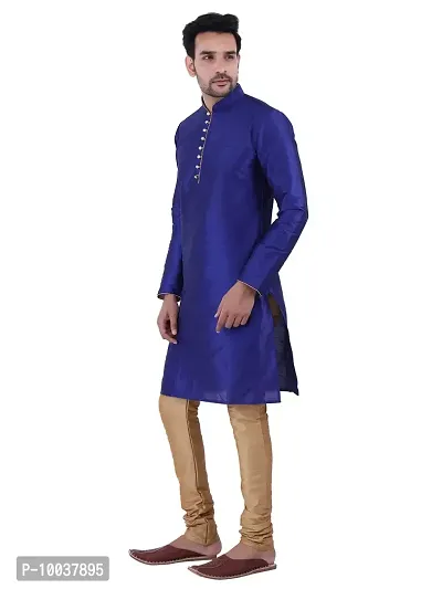 HUZUR Men's Silk Ceremony Loop Button Royal Blue Kurta Chiku Pyjama Set-thumb2