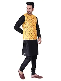 HUZUR Men's Silk Kurta Pyjama/Pajama with Yellow Yellow Base Multicolor Floor Print Nehru Jacket Set-thumb2