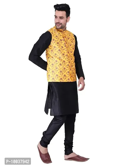 HUZUR Men's Silk Kurta Pyjama/Pajama with Yellow Yellow Base Multicolor Floor Print Nehru Jacket Set-thumb3