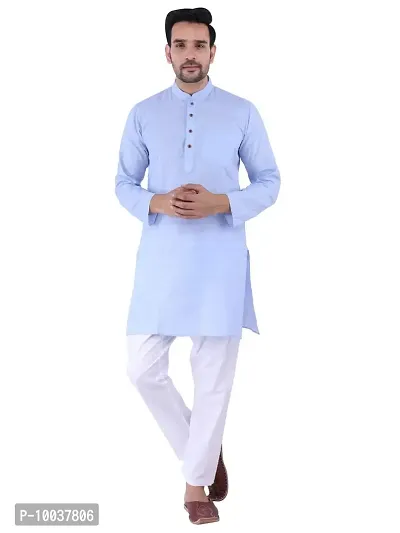 HUZUR Men's Cotton Solid Straight Kurta Pyjama Set| Ethnic Wear|Traditional Wedding Wear - Sky Blue Kurta White Pyjama set-thumb0