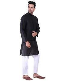 HUZUR Men's Cotton Black Kurta White Pyjama/pajama With Black Dupion/Silk Nehru Jacket Set-thumb2