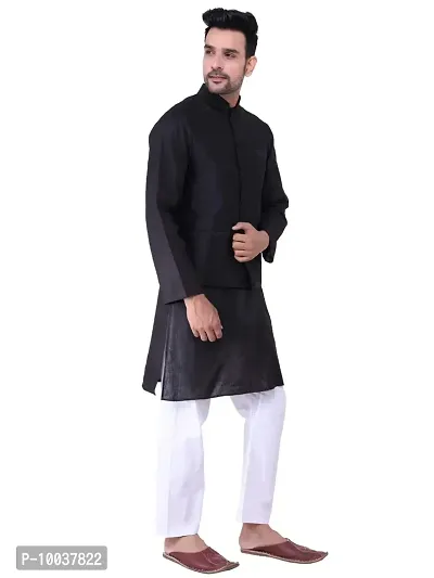 HUZUR Men's Cotton Black Kurta White Pyjama/pajama With Black Dupion/Silk Nehru Jacket Set-thumb3