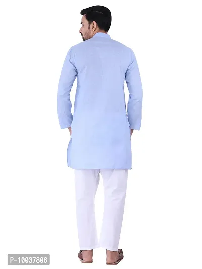 HUZUR Men's Cotton Solid Straight Kurta Pyjama Set| Ethnic Wear|Traditional Wedding Wear - Sky Blue Kurta White Pyjama set-thumb4