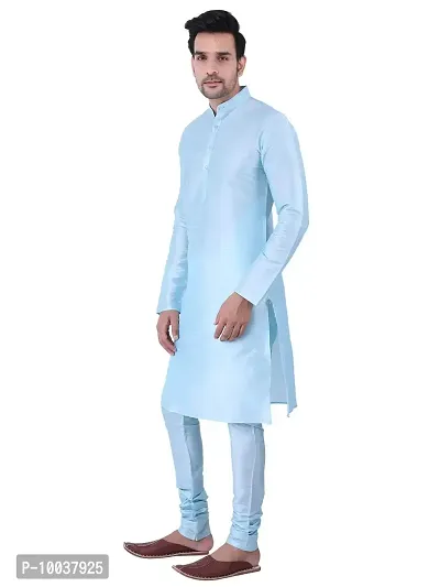 HUZUR Men's Silk Solid Straight Kurta Pyjama Set| Ethnic Wear|Traditional Wedding Wear -Sky Blue Kurta Sky Blue Pyjama Set