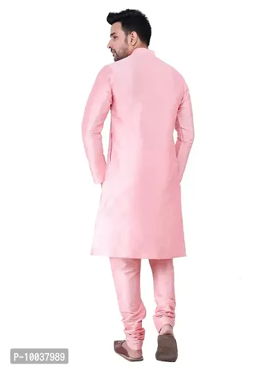 HUZUR Men's Silk Solid Straight Kurta Pyjama Set| Ethnic Wear|Traditional Wedding Wear -Pink Kurta Pink Pyjama Set-thumb2