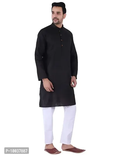 HUZUR Men's Cotton Solid Straight Kurta Pyjama Set| Ethnic Wear|Traditional Wedding Wear - Black Kurta White Pyjama set-thumb3