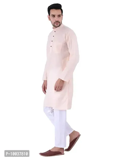 HUZUR Men's Cotton Solid Straight Kurta Pyjama Set| Ethnic Wear|Traditional Wedding Wear - Light Peach Kurta White Pyjama set-thumb2