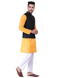 HUZUR Men's Cotton Orange Kurta White Pyjama/pajama With Black Dupion/Silk Nehru Jacket Set-thumb2