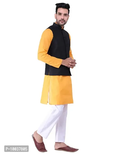 HUZUR Men's Cotton Orange Kurta White Pyjama/pajama With Black Dupion/Silk Nehru Jacket Set-thumb3