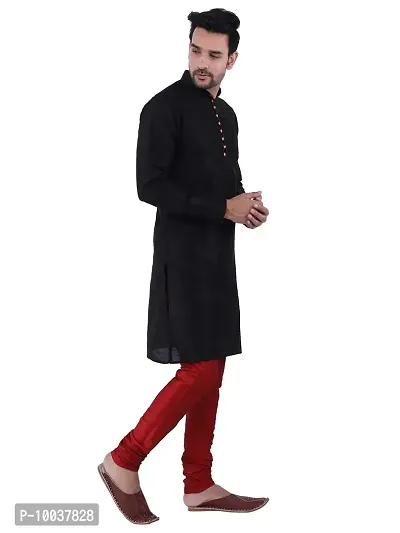 HUZUR Men's Silk Ceremony Loop Button Black Kurta Maroon Pyjama Set-thumb3