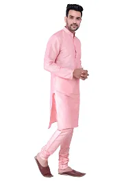 HUZUR Men's Silk Solid Straight Kurta Pyjama Set| Ethnic Wear|Traditional Wedding Wear -Pink Kurta Pink Pyjama Set-thumb3