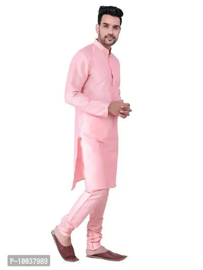 HUZUR Men's Silk Solid Straight Kurta Pyjama Set| Ethnic Wear|Traditional Wedding Wear -Pink Kurta Pink Pyjama Set-thumb4