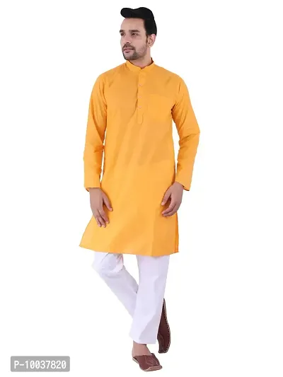 HUZUR Men's Cotton Solid Straight Kurta Pyjama Set| Ethnic Wear|Traditional Wedding Wear - Orange Kurta White Pyjama set
