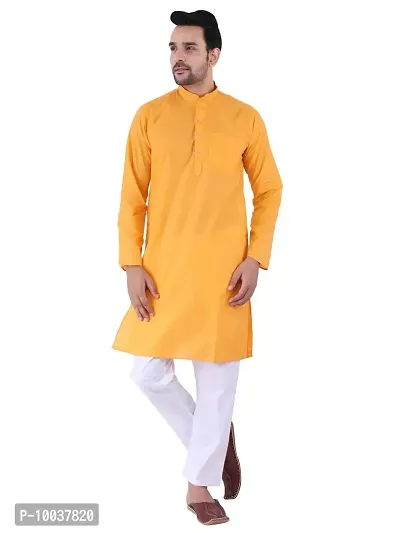 HUZUR Men's Cotton Solid Straight Kurta Pyjama Set| Ethnic Wear|Traditional Wedding Wear - Orange Kurta White Pyjama set-thumb0