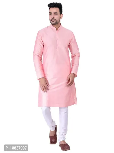 HUZUR Men's Silk Fullsleeve Long Pink Kurta Cream Pyjama Set