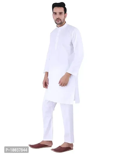 HUZUR Men's Cotton Solid Straight Kurta Pyjama Set| Ethnic Wear|Traditional Wedding Wear - White Kurta White Pyjama set-thumb2