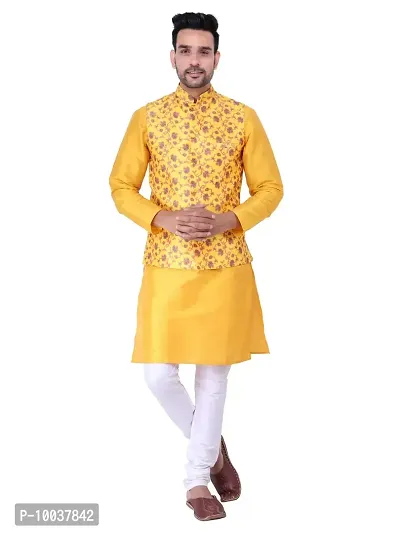 HUZUR Men's Silk Yellow Kurta Cream Pyjama/Pajama with Multicolor Square Print Nehru Jacket Set